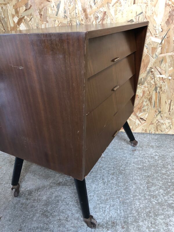 Ancienne commode 4 tiroirs bois pieds compas noir + roulettes années 70 vintage
