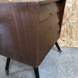 Ancienne commode 4 tiroirs bois pieds compas noir + roulettes années 70 vintage