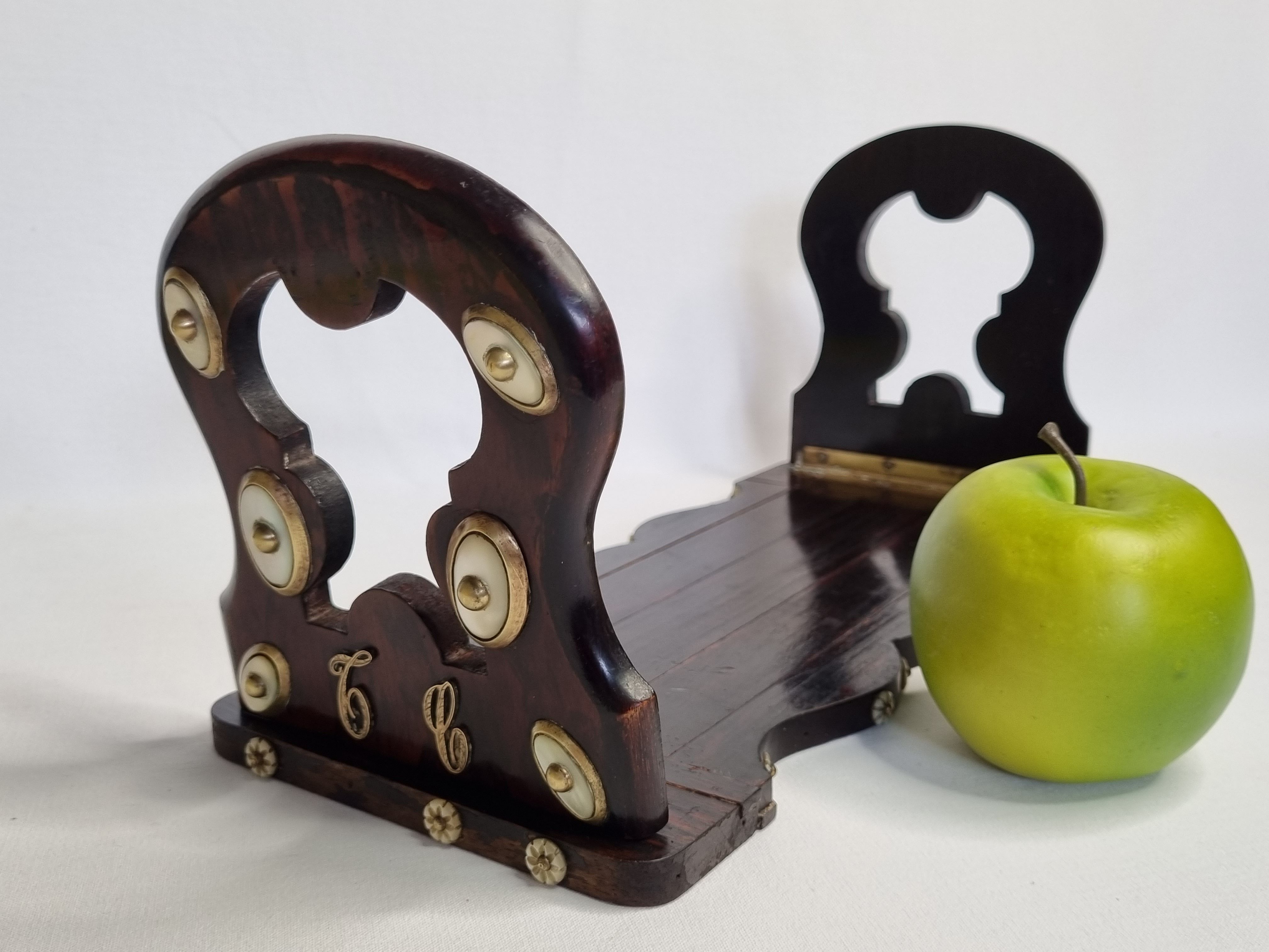 Folding bookends in wood and mother-of-pearl