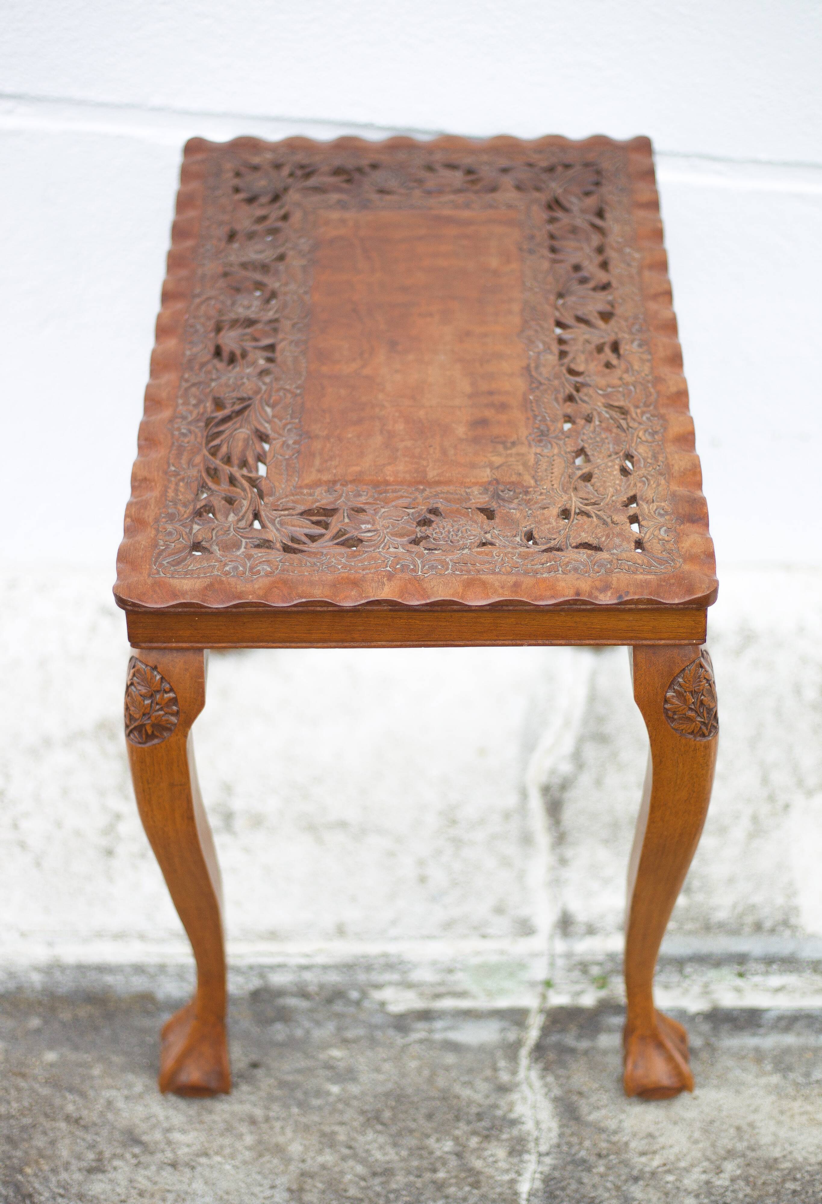 Handmade carved wooden pedestal table, vintage molded coffee table, claw foot table