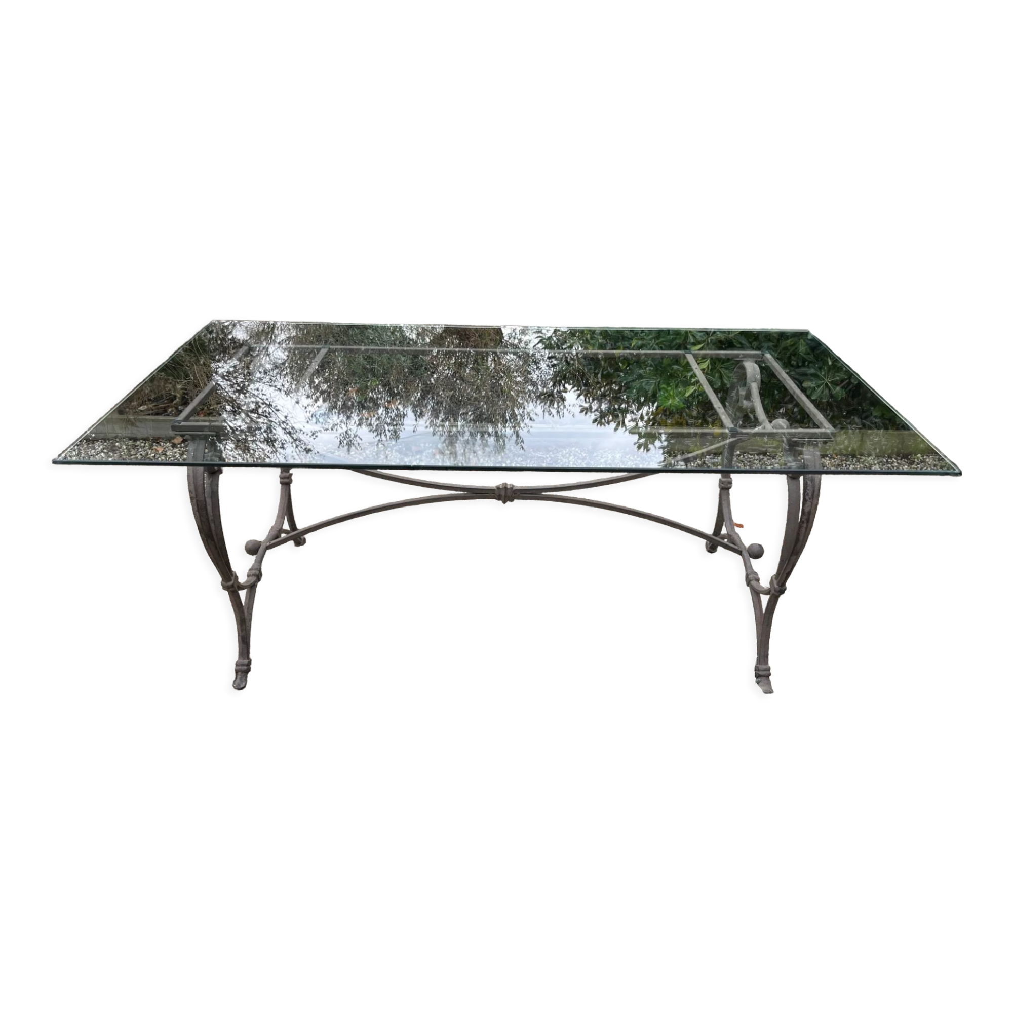 Table en verre et fer forgé, intérieur et extérieur
