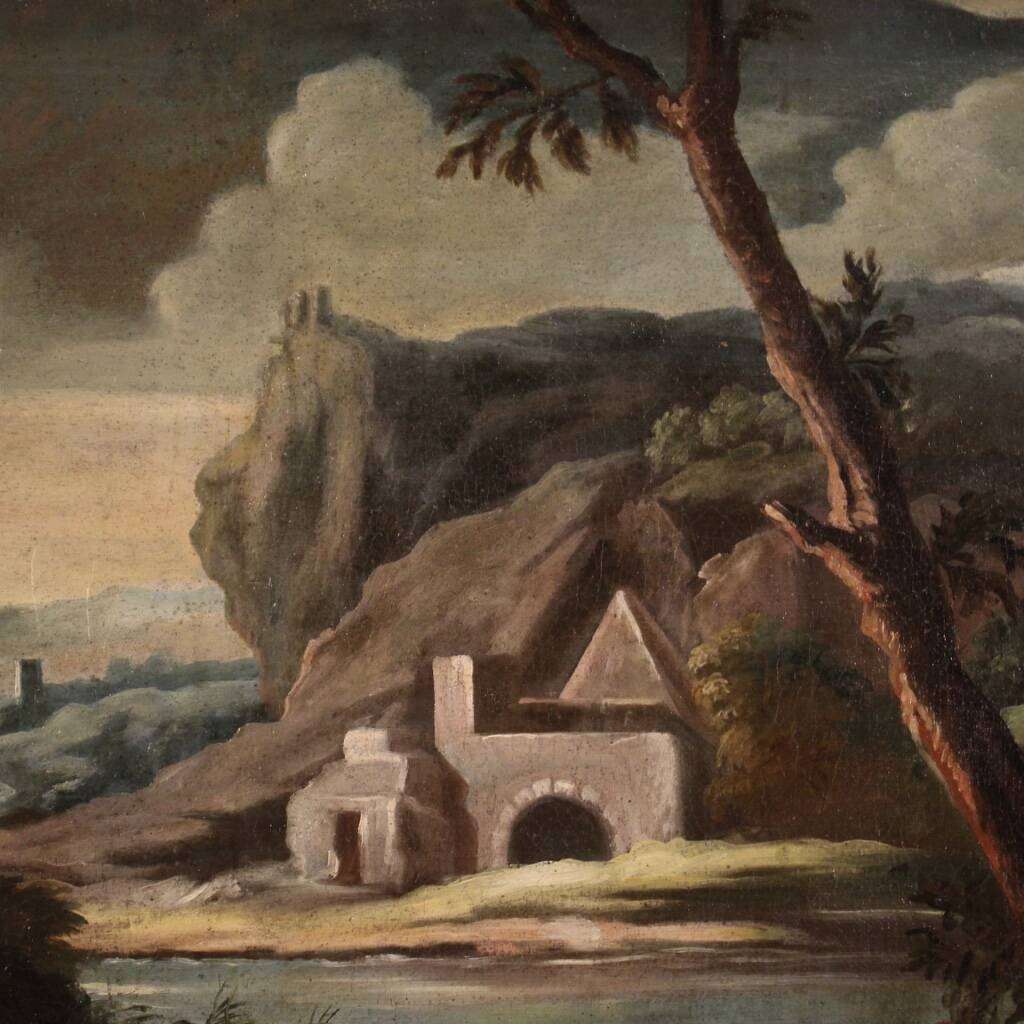 Peinture ancienne de paysage avec personnages du XVIIIe siècle