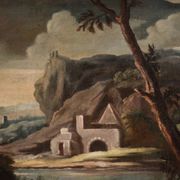 Peinture ancienne de paysage avec personnages du XVIIIe siècle