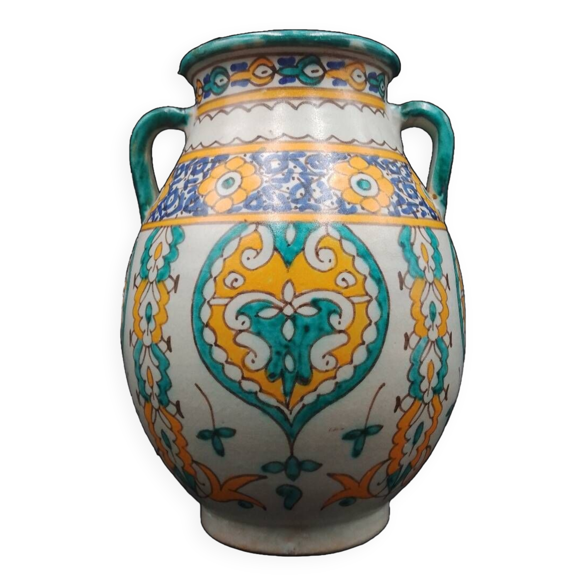 Vase pot with two handles in Moroccan ceramic signed Fes Moroccan