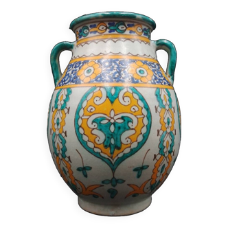 Vase pot with two handles in Moroccan ceramic signed Fes Moroccan