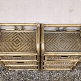 Pair of vintage bedside tables, with 3 drawers, bamboo and rattan
