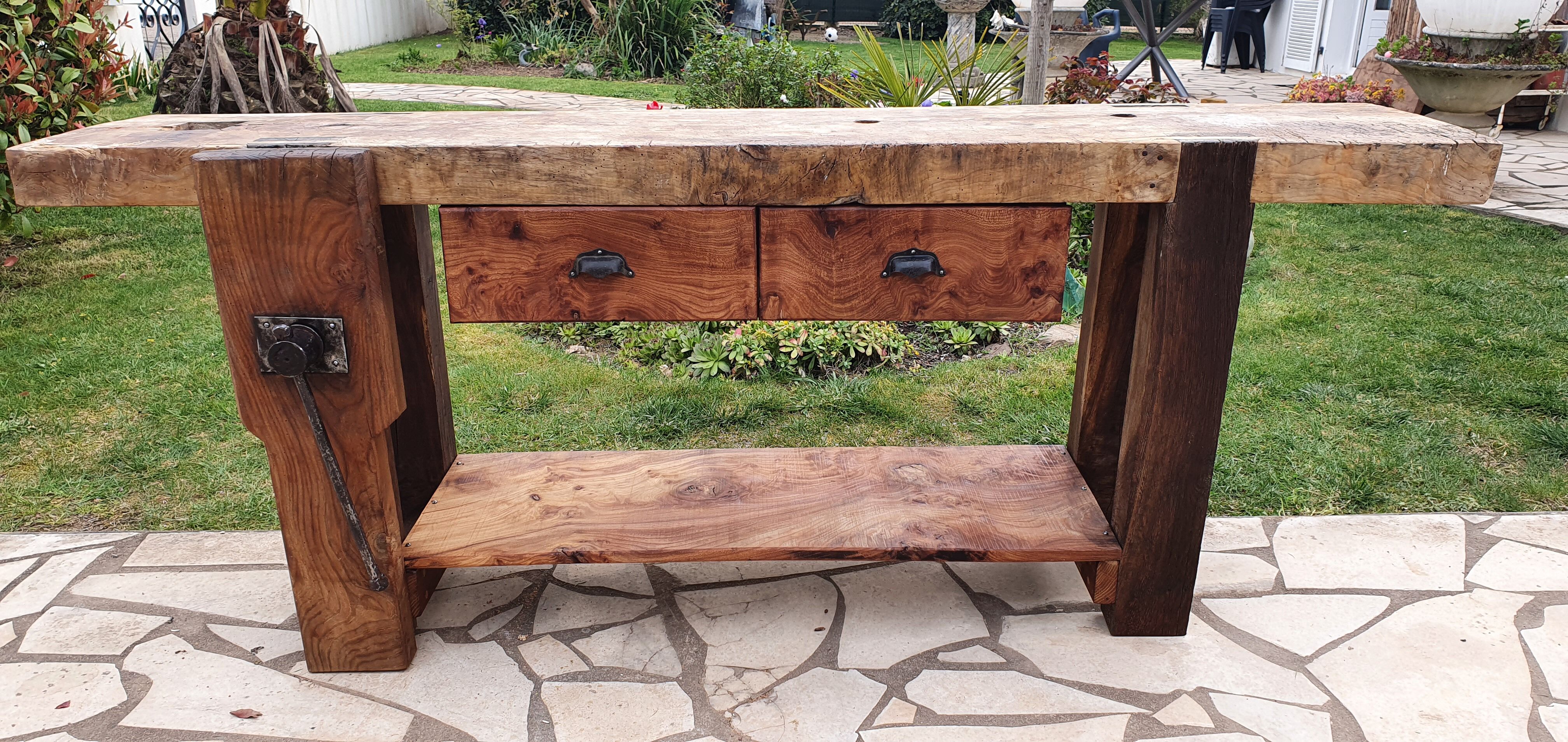 Old elm workbench, elm magnifying glass and oak. Renovated and pampered. 190cm.