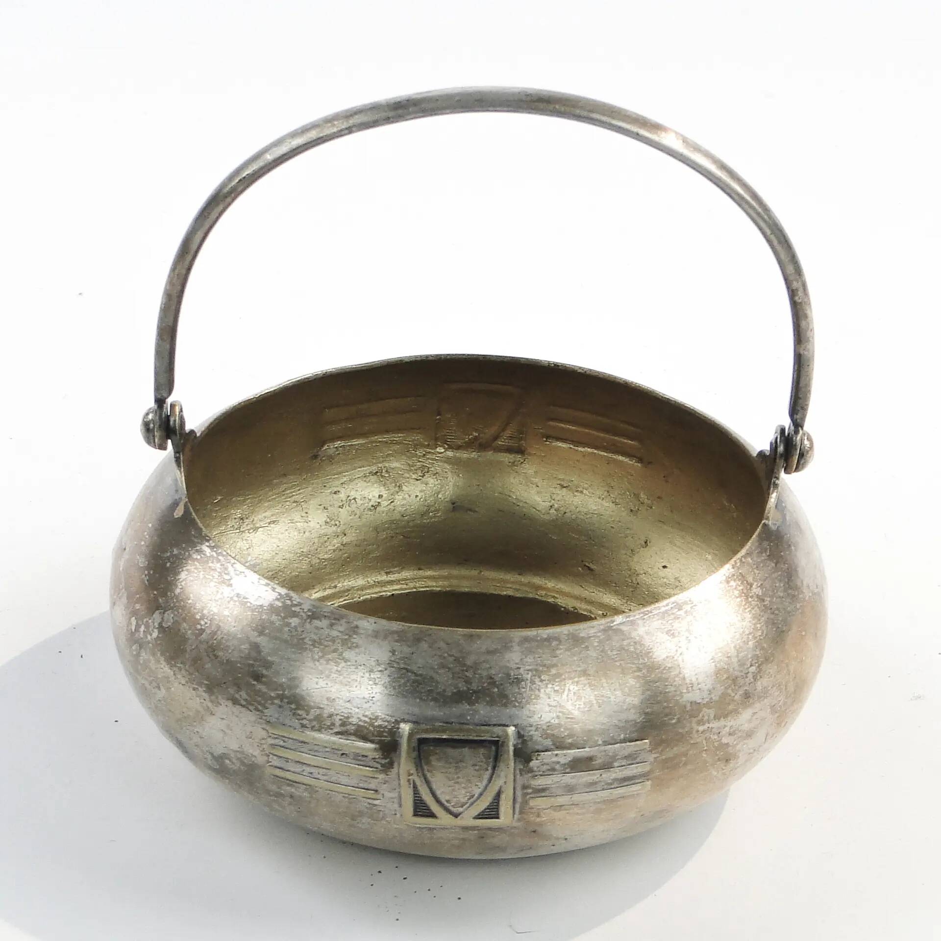 Art Deco sugar bowl, silver-plated brass, Henneberg Brothers, Poland, 1920s