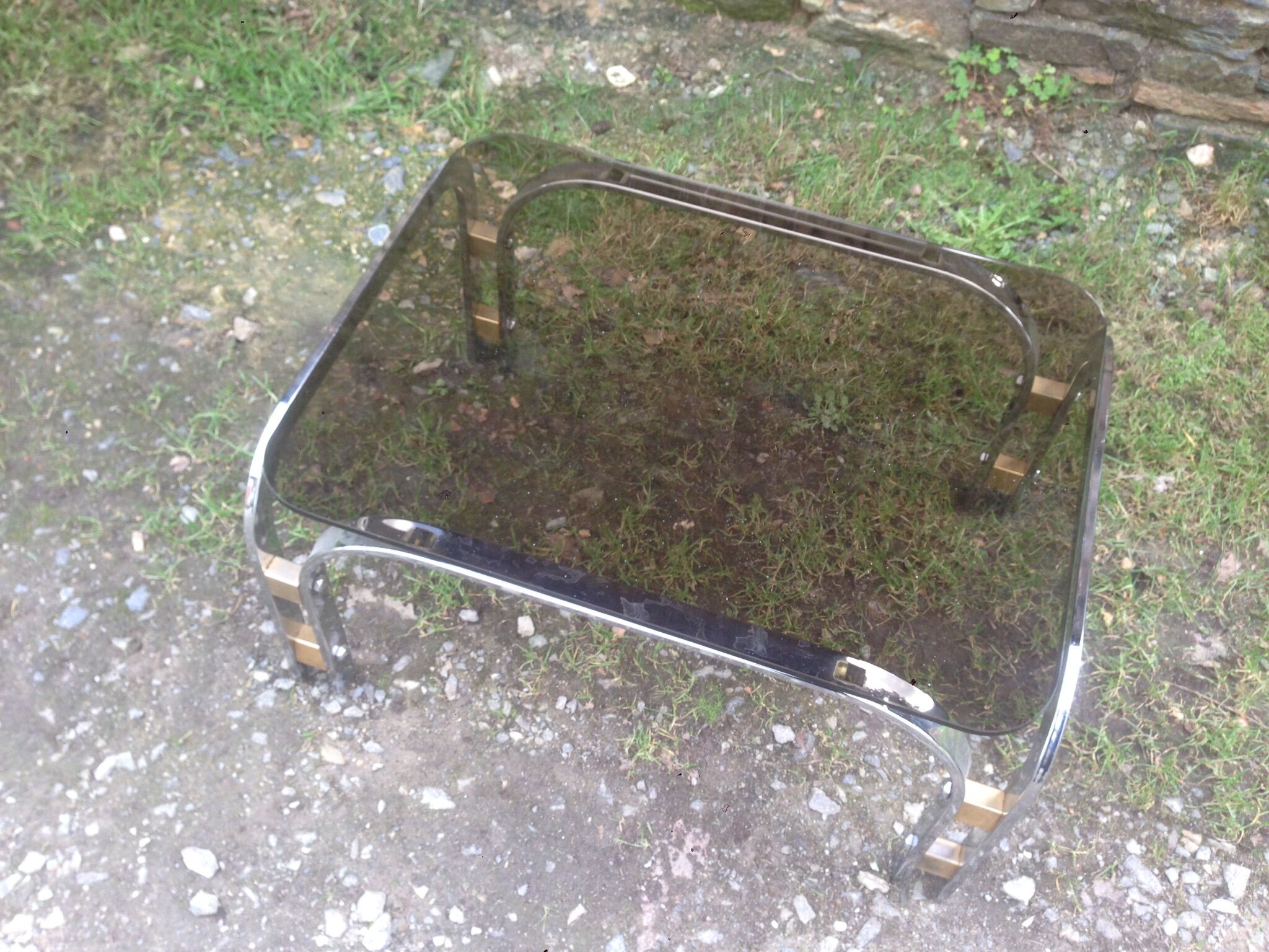 1970 chrome-shaped smoky glass coffee table