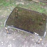 1970 chrome-shaped smoky glass coffee table