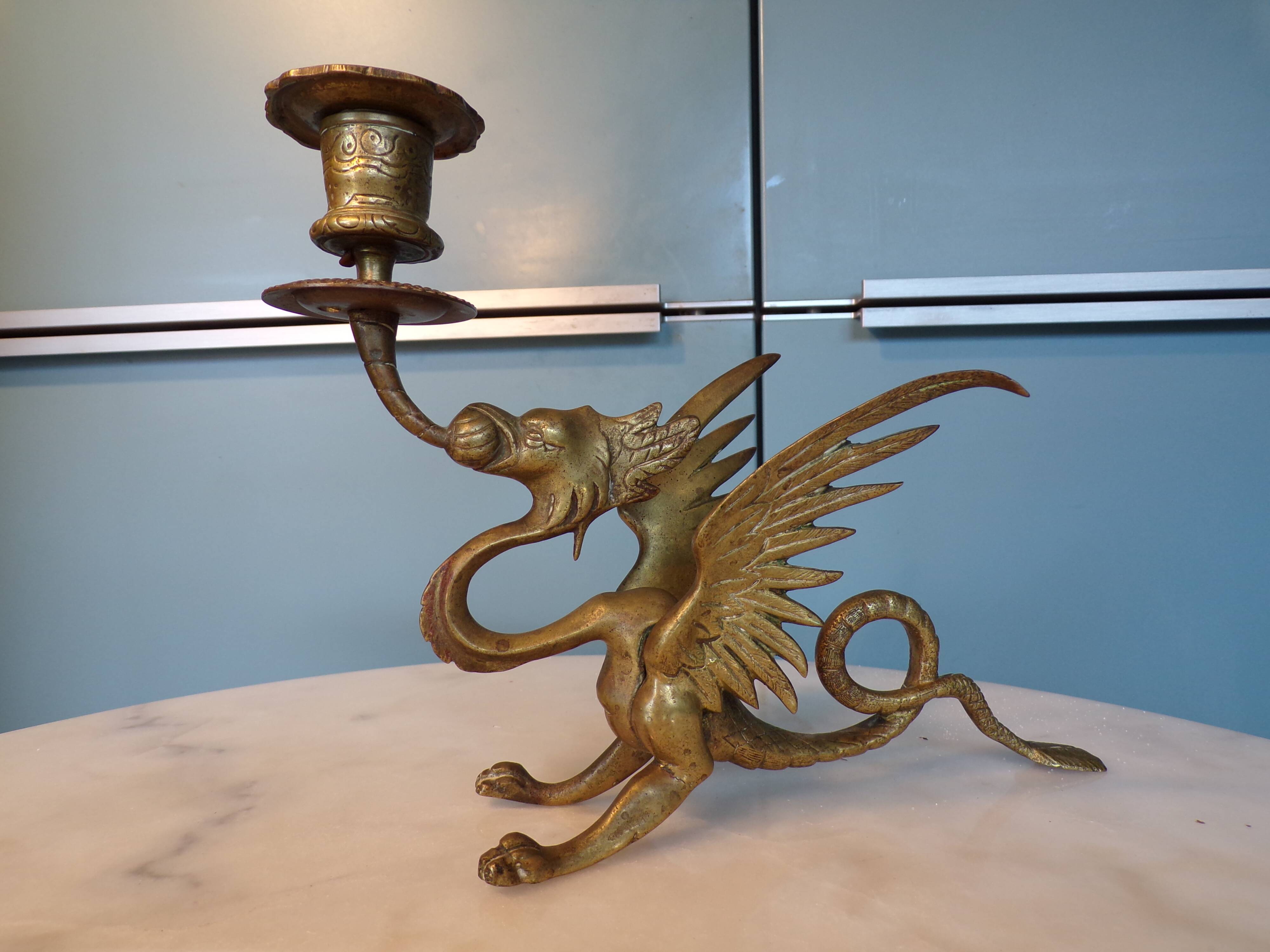 19th century bronze chimera candlestick