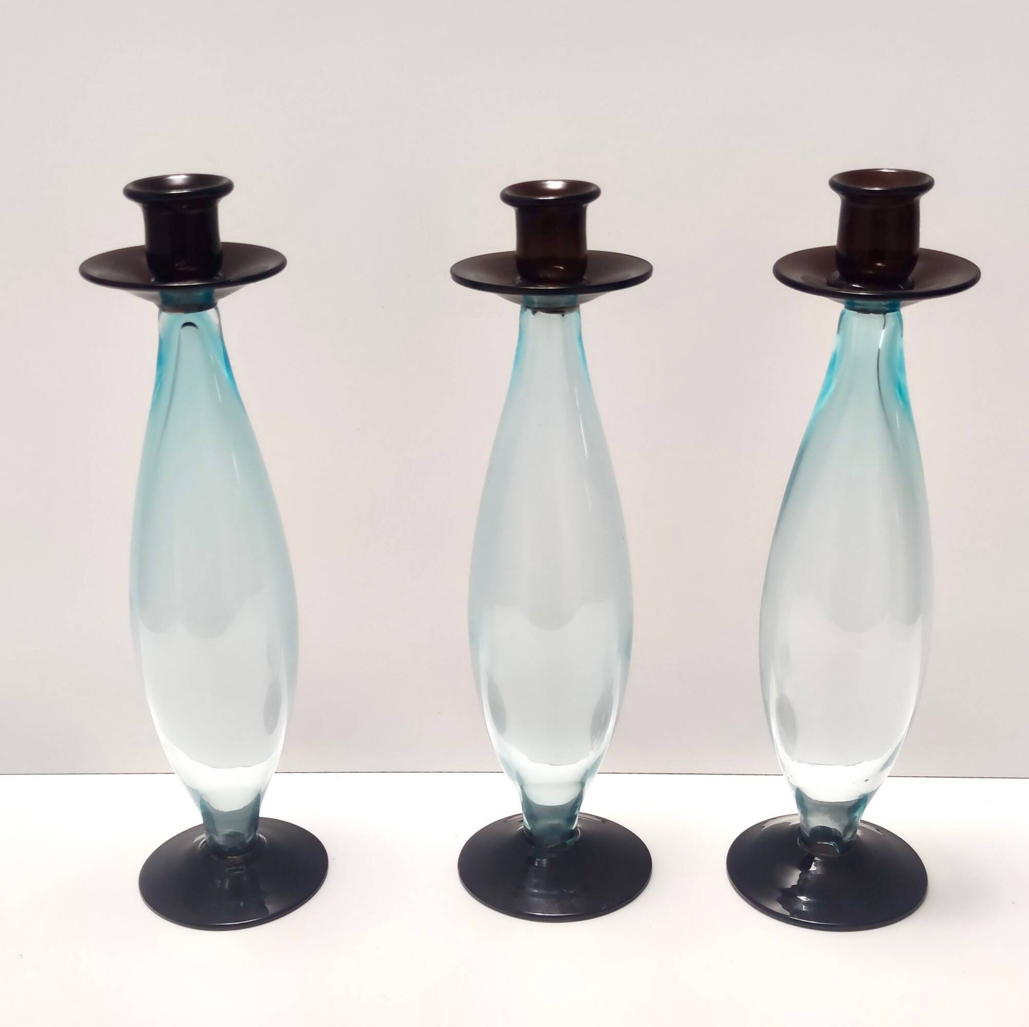 Set of Three Aquamarine and Brown Murano Glass Candleholders, Italy