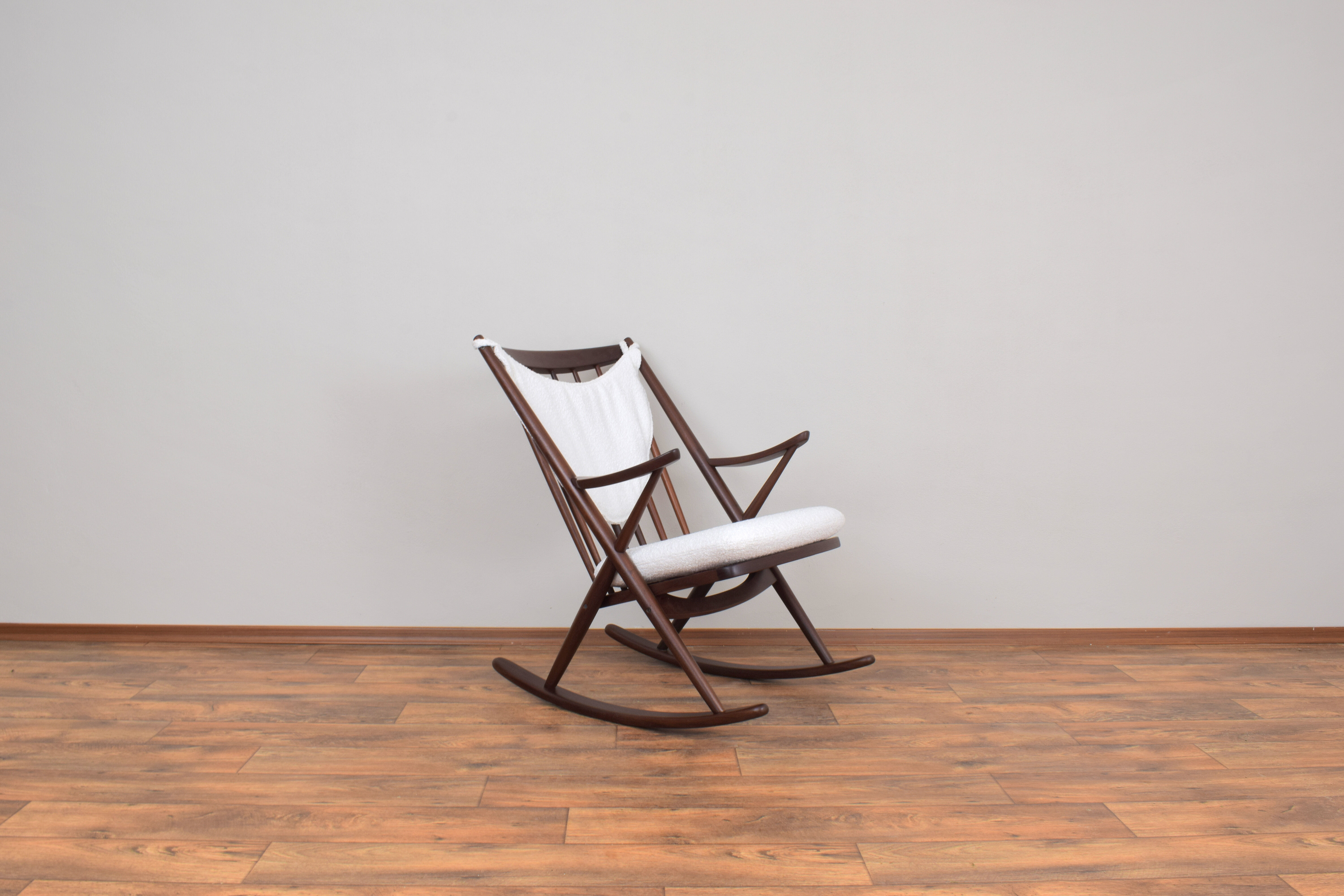 Danish teak & boucle rocking chair by Frank Reenskaug for Bramin