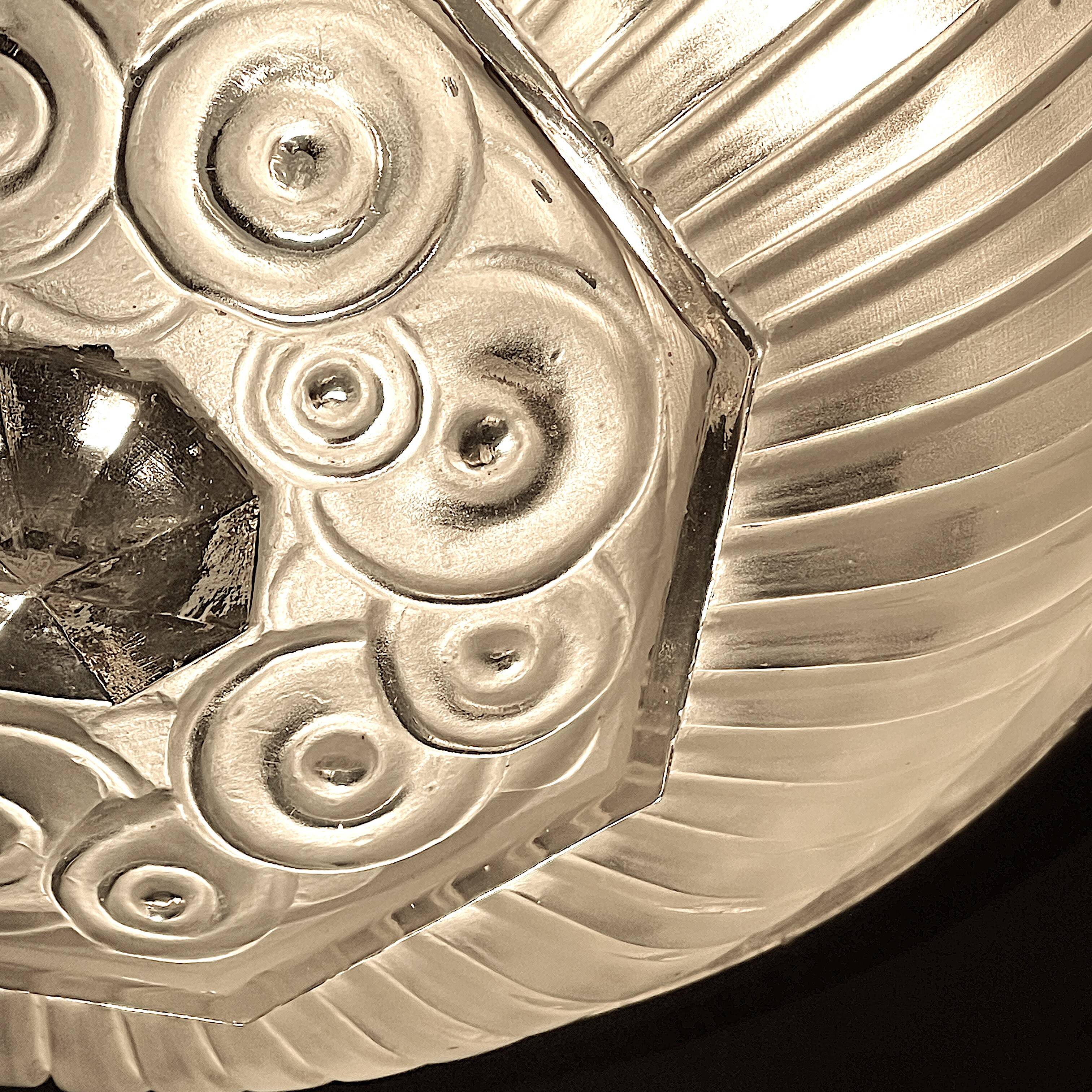 Art Deco chandelier, sandblasted pressed glass, nickel-plated bronze 1930