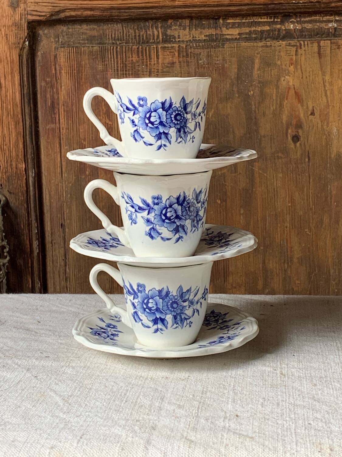 Three antique blue coffee cups from Sarreguemines, France