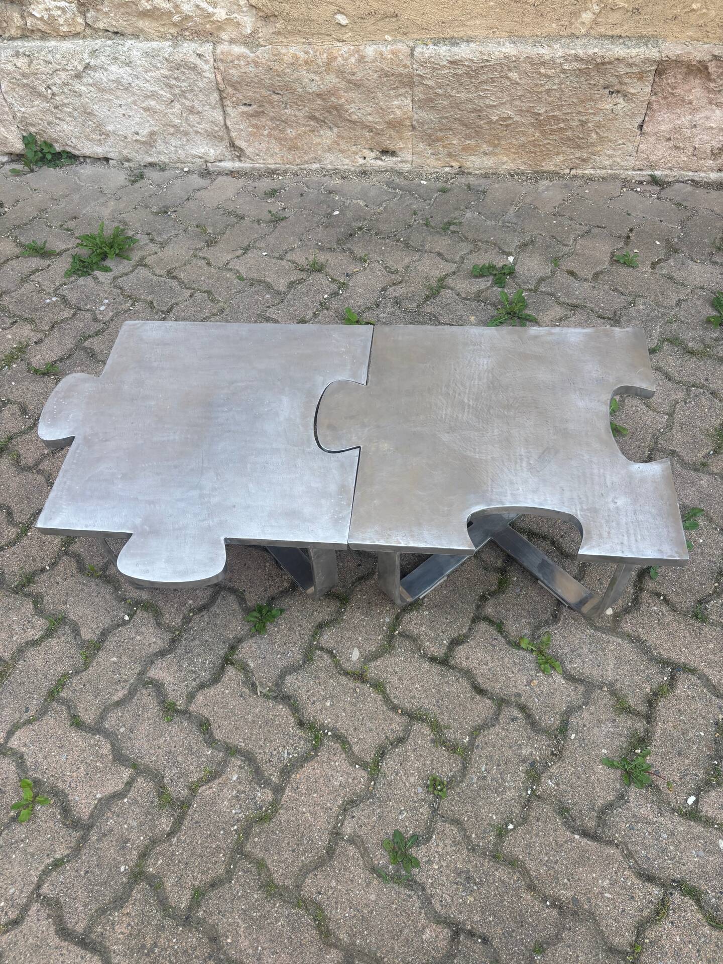Pair of uniquely designed handmade puzzle coffee tables