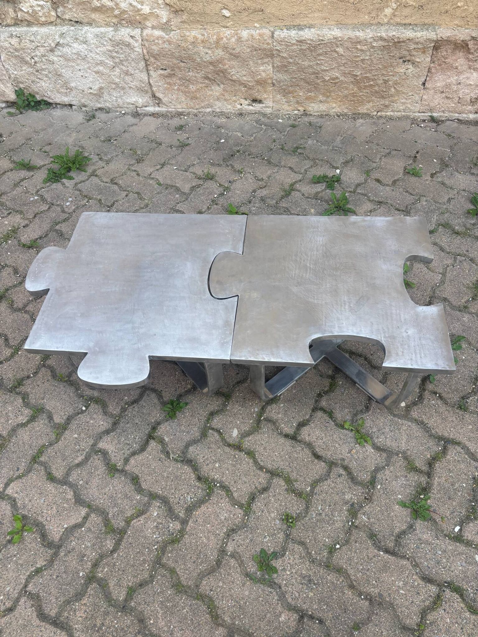 Pair of uniquely designed handmade puzzle coffee tables