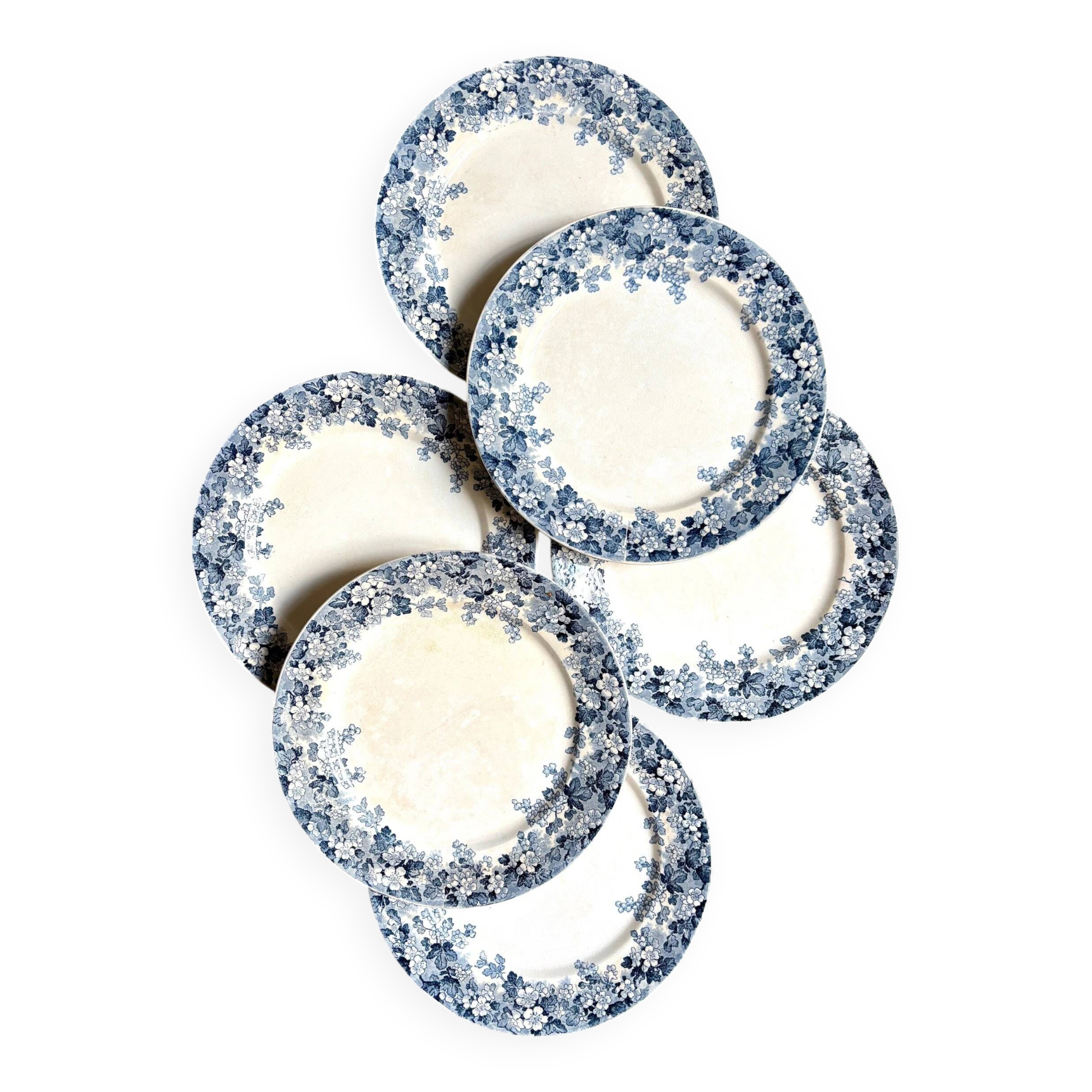 6 Sarreguemines flat plates in blue ironstone, "Récamier" service