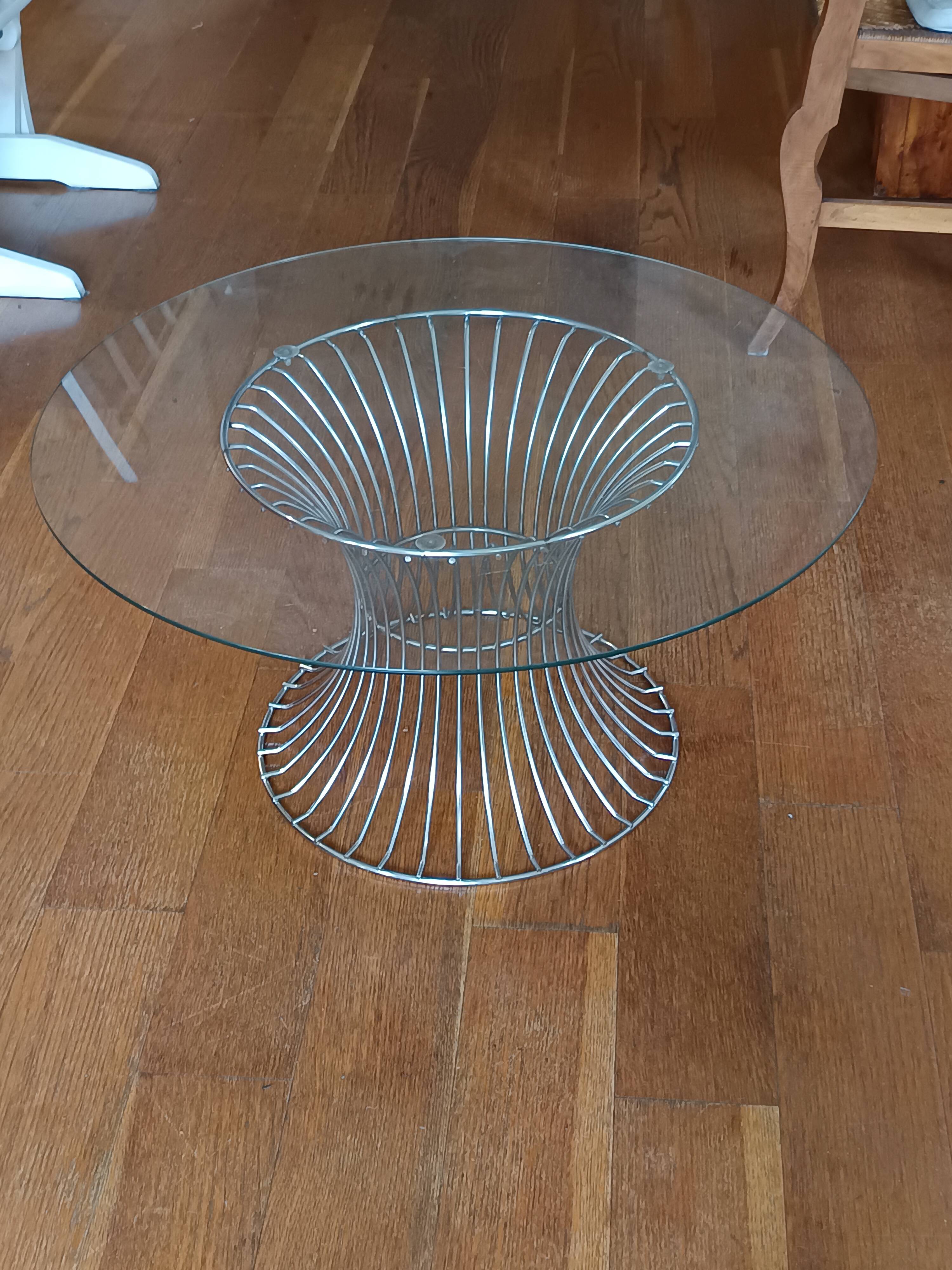 vintage 70s round designer coffee table with wire base
