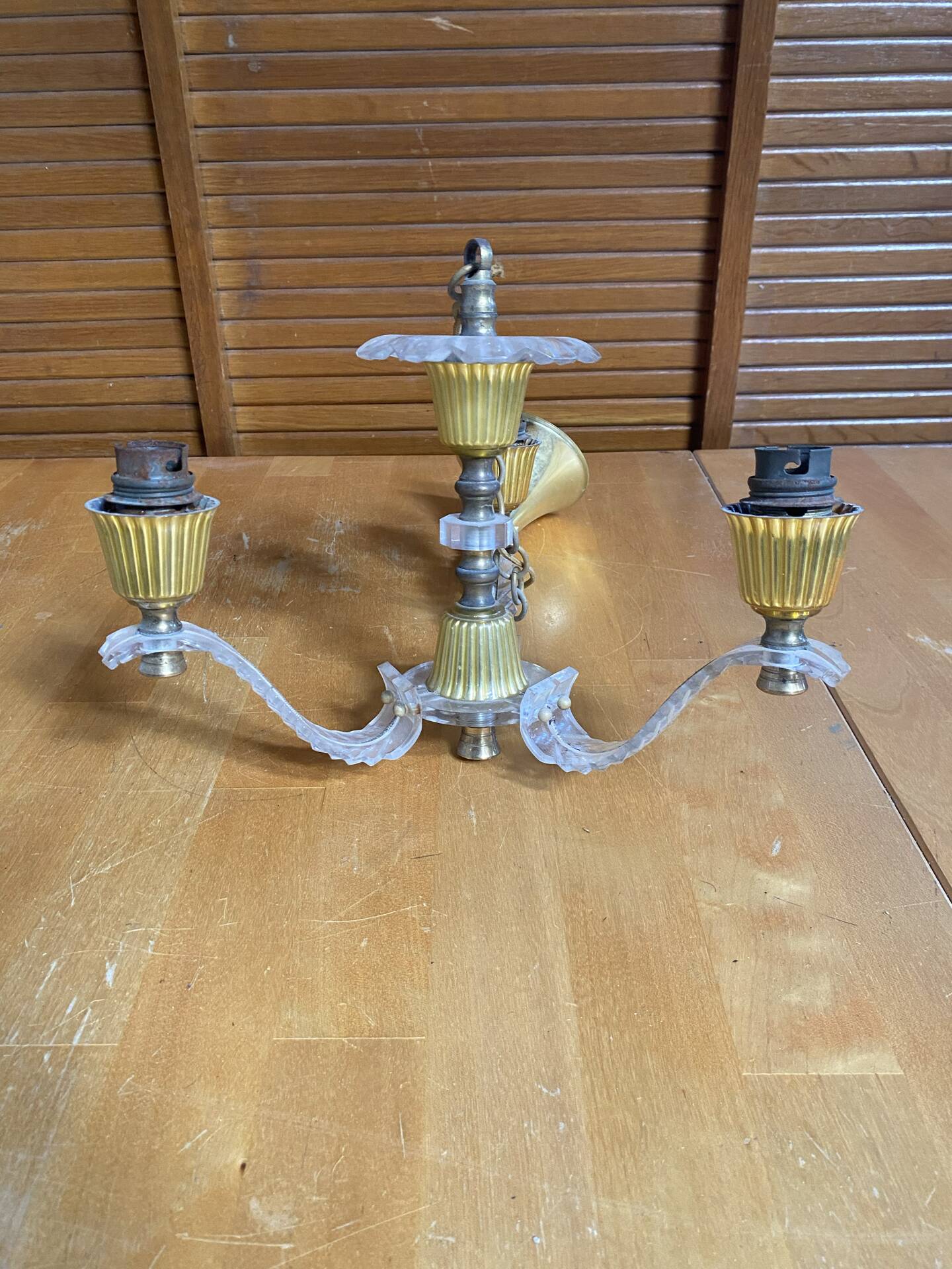Chandelier + pair of wall lights in the old style jules leleu gilded + perspex plexi