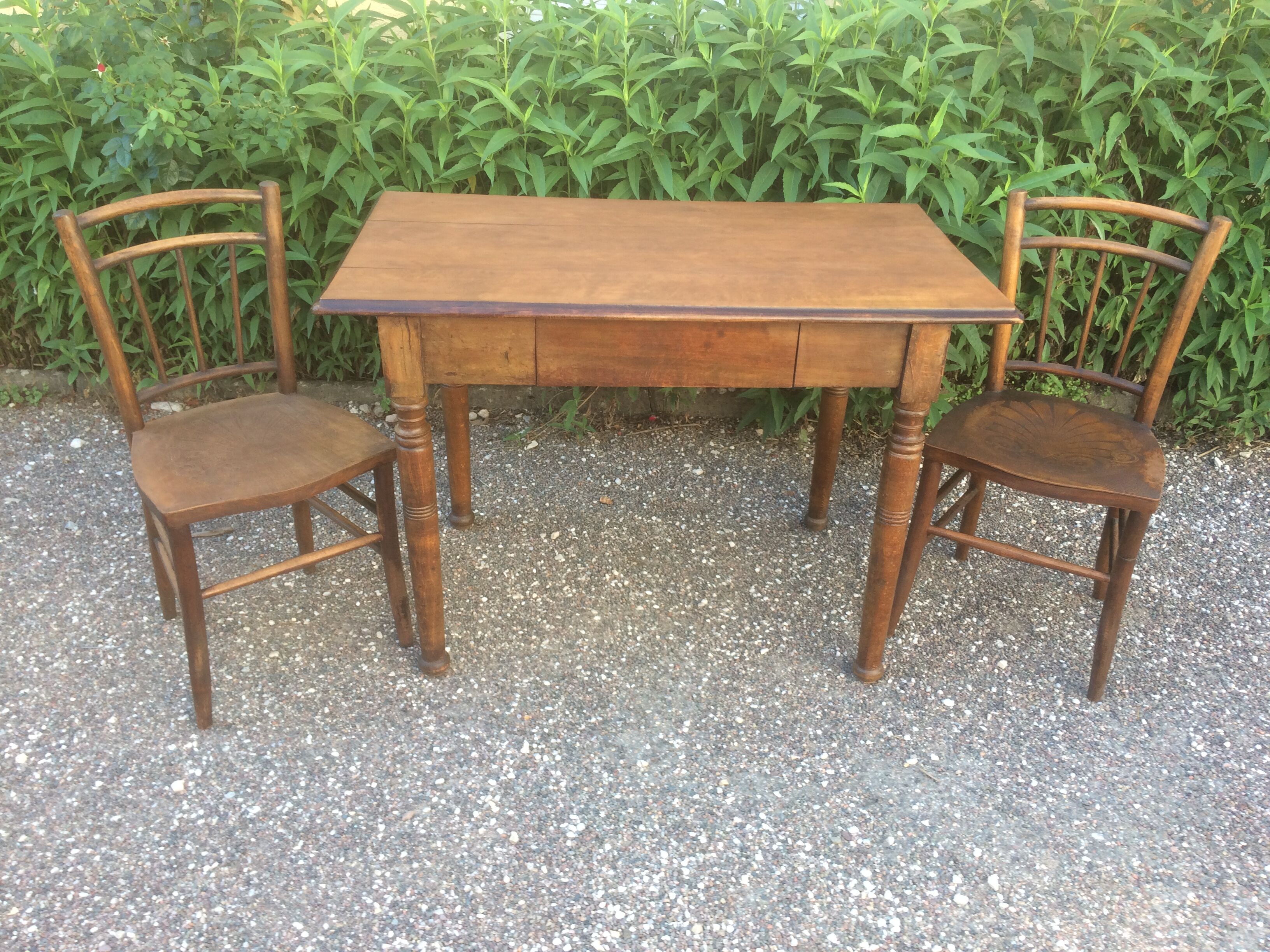 Wooden bistro table, two chairs