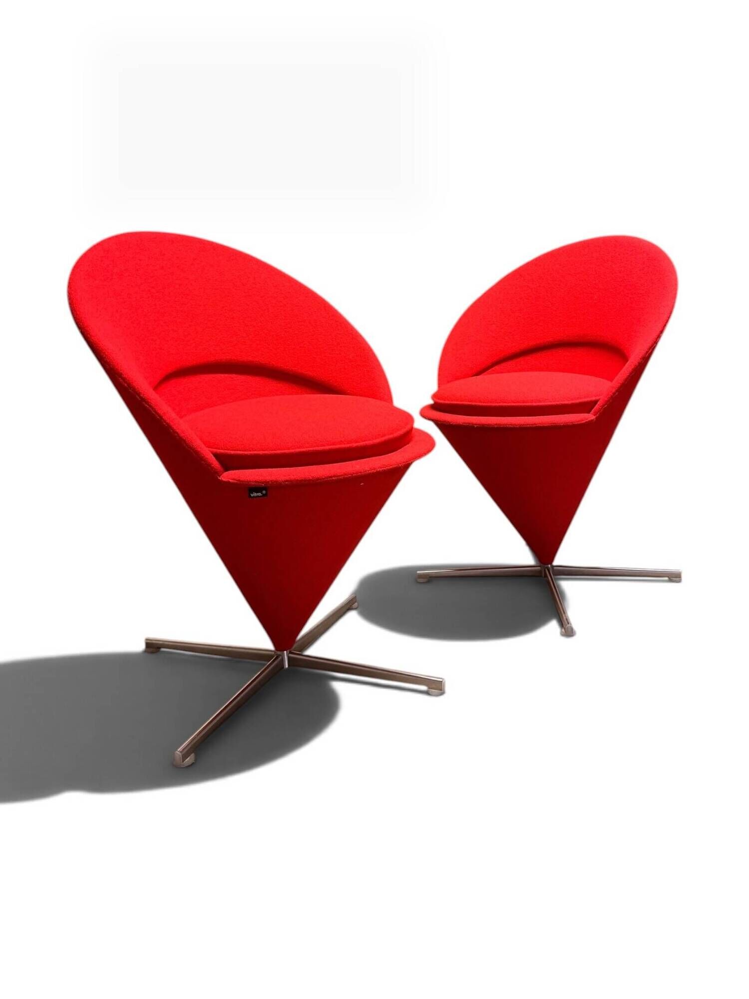 Pair of Cone Chair armchairs by Verner Panton for Vitra, red wool fabric.