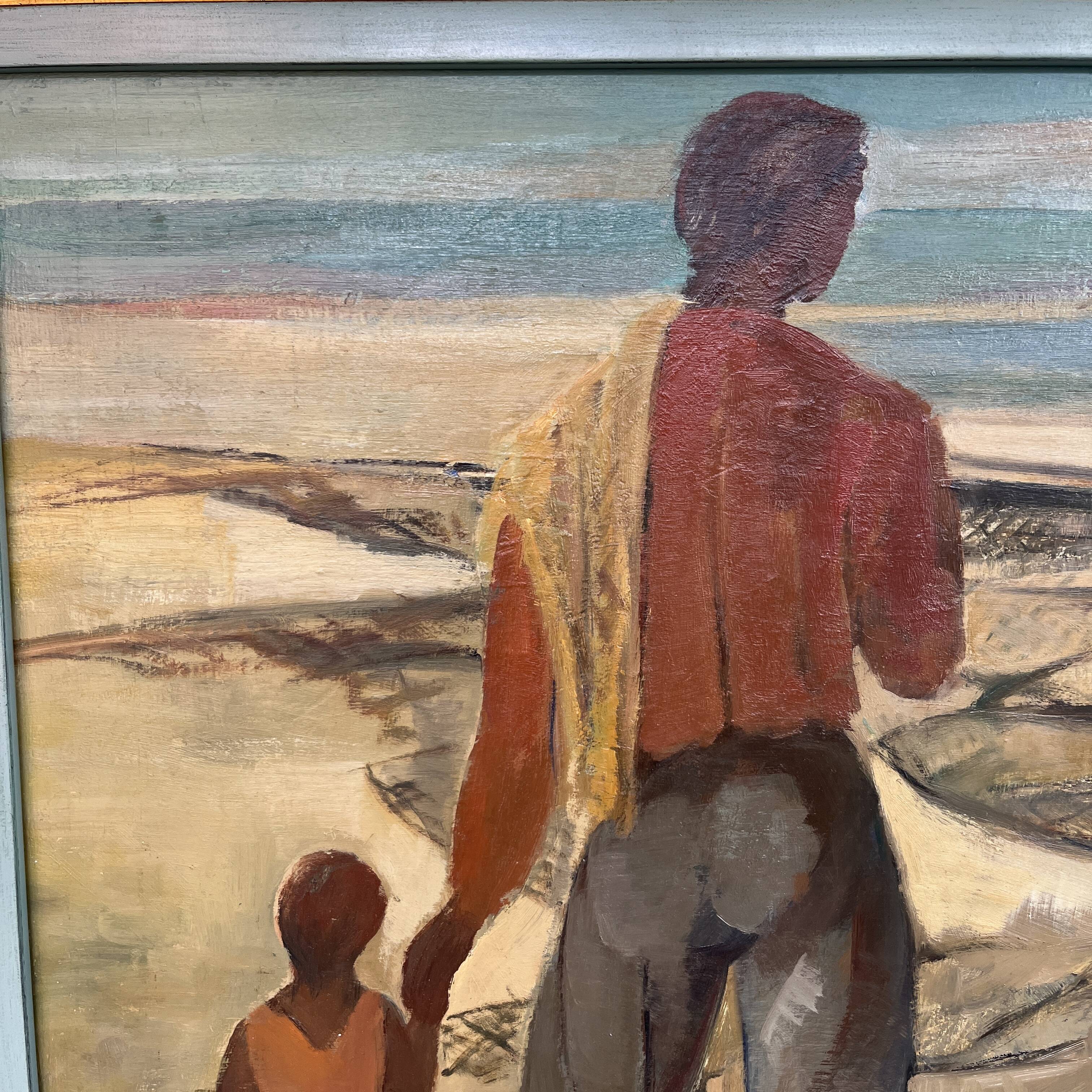 Painting "return from fishing", oil on panel, flory roland ca 1945