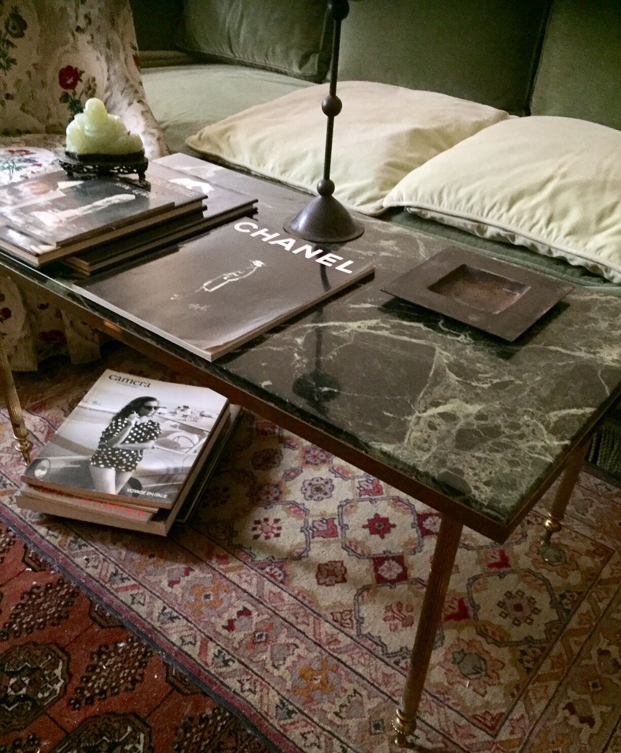Green marble and gilded brass coffee table