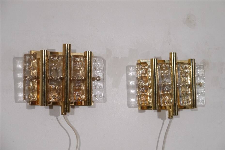 Pair of glass and brass wall lights by Carl Fagerlund 1970