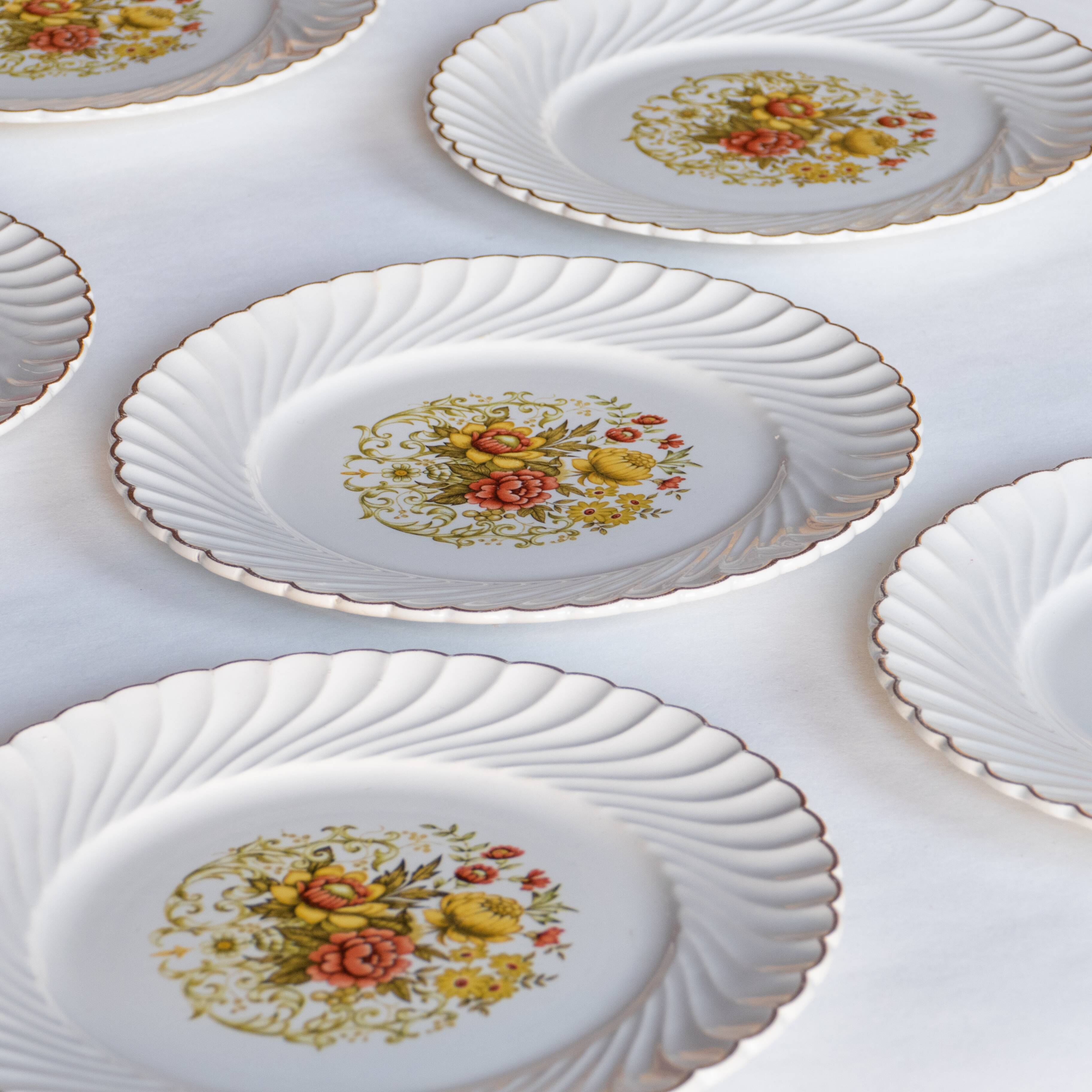 6 flat plates old floral edges fluted edges