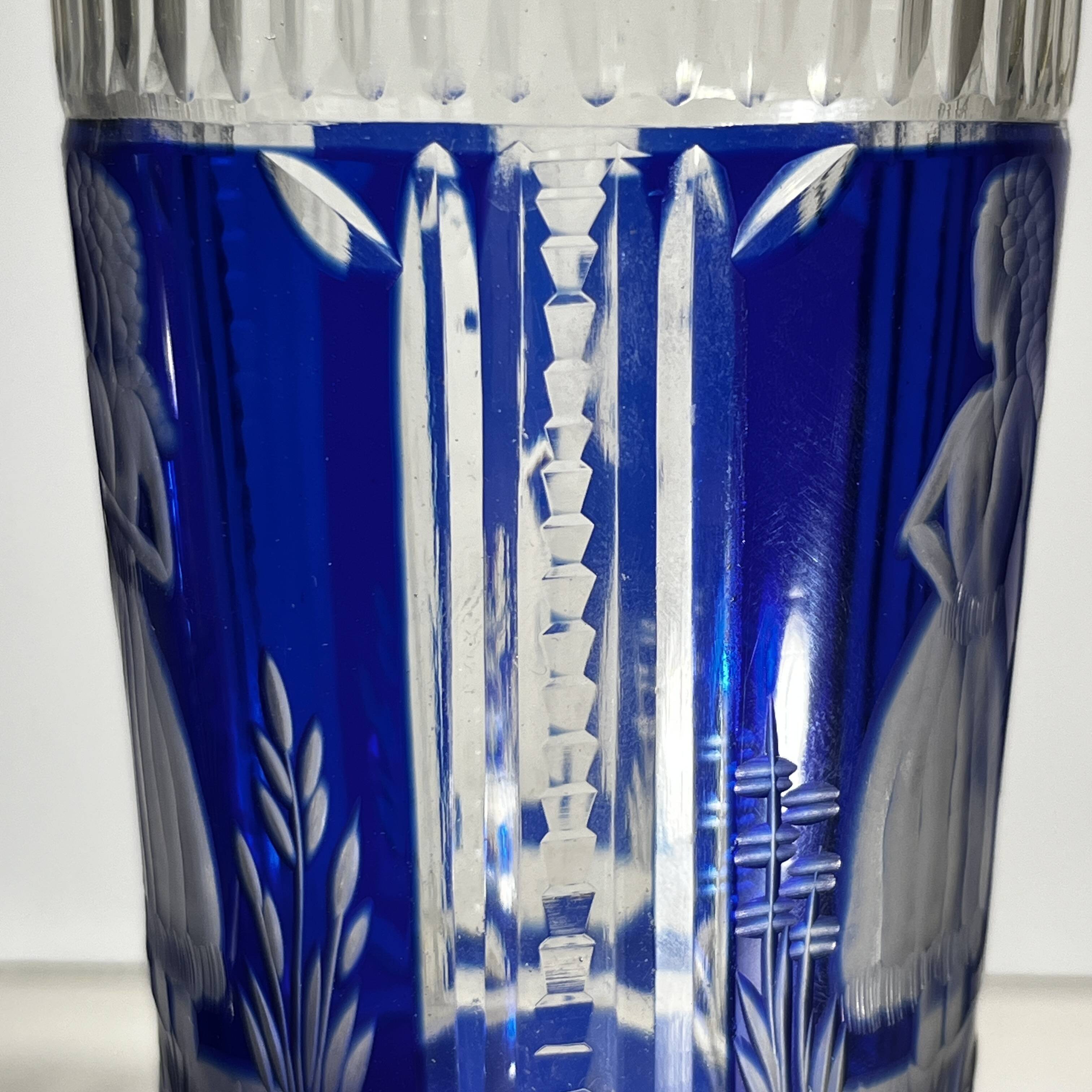 Bohemian crystal, set of 2 cobalt blue cut double glasses, ca 1900