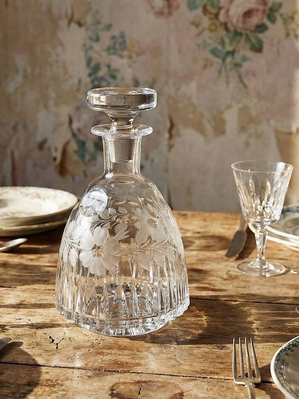 Antique cut and engraved crystal carafe with floral decoration, Bohemia, 19th-20th century.