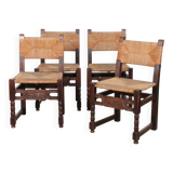 Set of 4 straw-seated solid wood chairs, French craftsmanship, 1940.