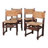 Ensemble de 4 chaises paillées en bois massif, travail français, 1940