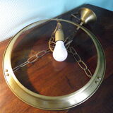 Suspension in gold metal with chains and opaque basin with brown cast designs -60s