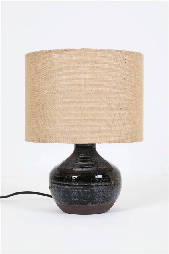 Rare, handcrafted Robert “Rob” Bentsen ceramic table lamp with a jute lampshade / Mid-century Danish modern design / 1960s / 1970s
