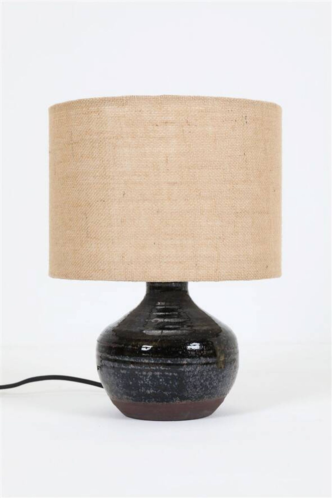 Rare, handcrafted Robert “Rob” Bentsen ceramic table lamp with a jute lampshade / Mid-century Danish modern design / 1960s / 1970s