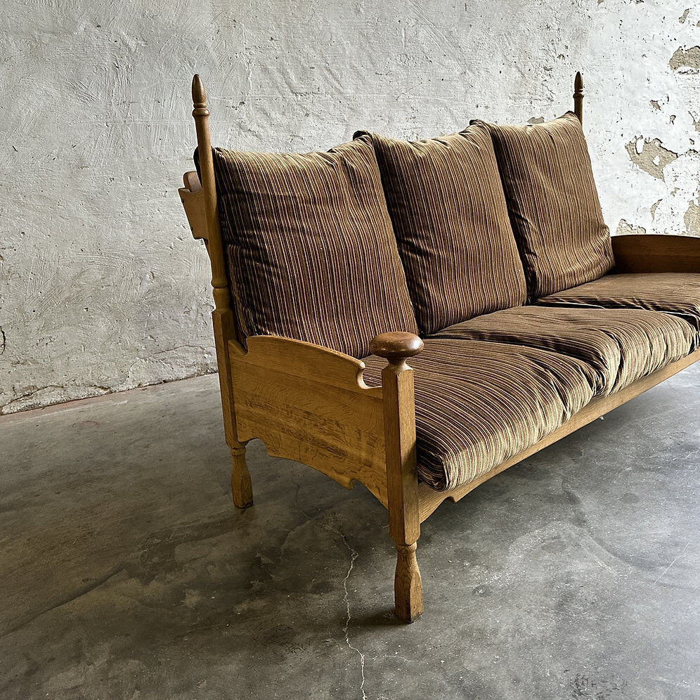 1950s brutalist oak and velvet throne-like sofa