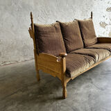 1950s brutalist oak and velvet throne-like sofa