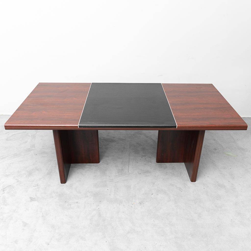 Vintage wooden desk with black faux leather insert – 1970s modernist design