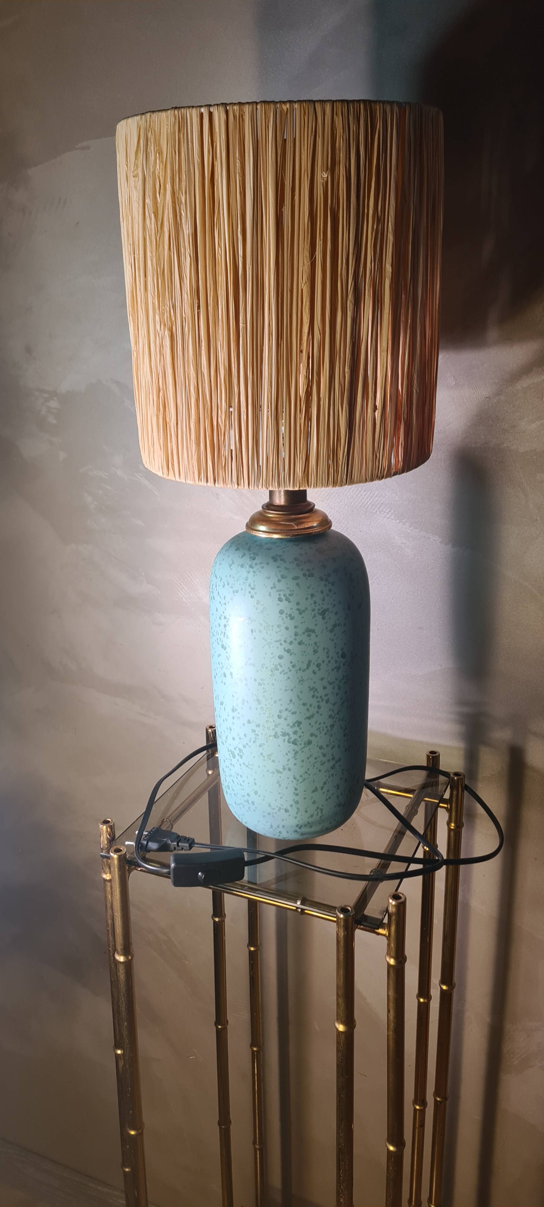 70s style lamp blue green ceramic 40x13 and raffia lampshade H total 57x23 elec ok