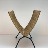 Vintage woven rope folding magazine rack with black metal frame, 1960s