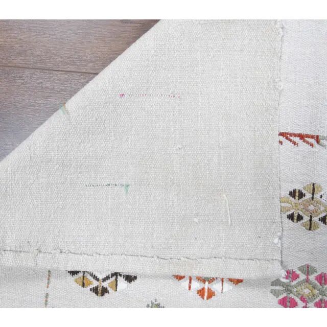 Vintage Turkish Oushak handmade wool cotton white kilim runner rug 68x215
