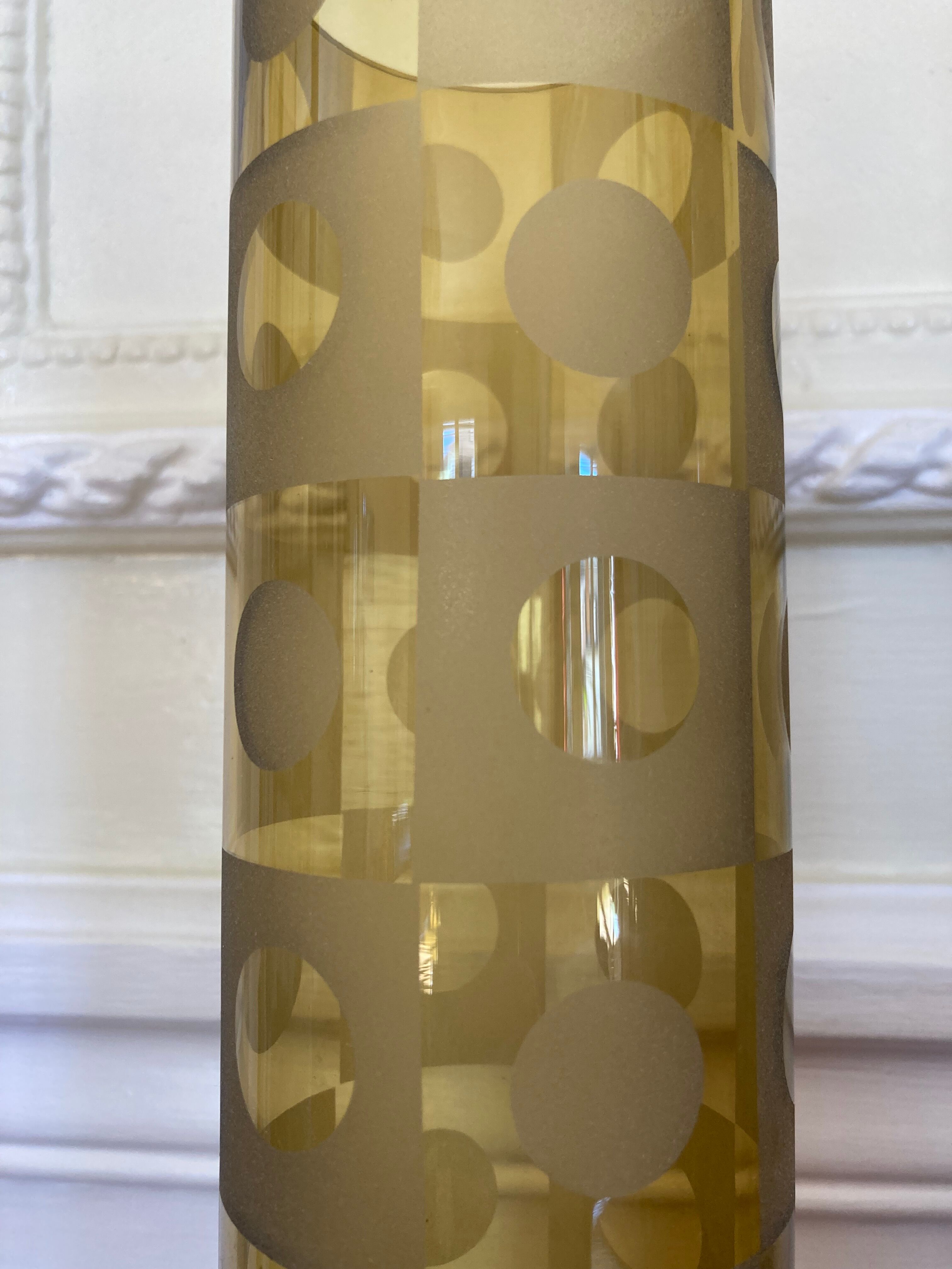 Amber yellow glass vase frosted geometric pattern