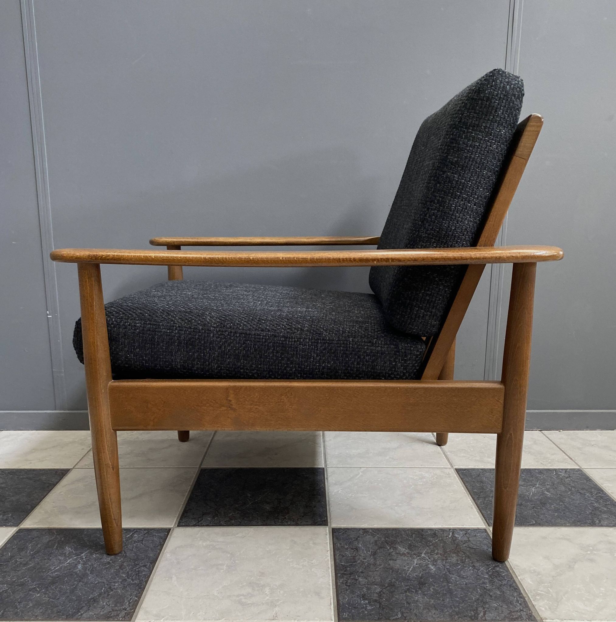 Black fabric relax chair, wiht wood frame 1960s