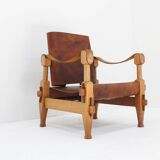 Vintage brutalist wood and cognac leather safari armchair, 1960s