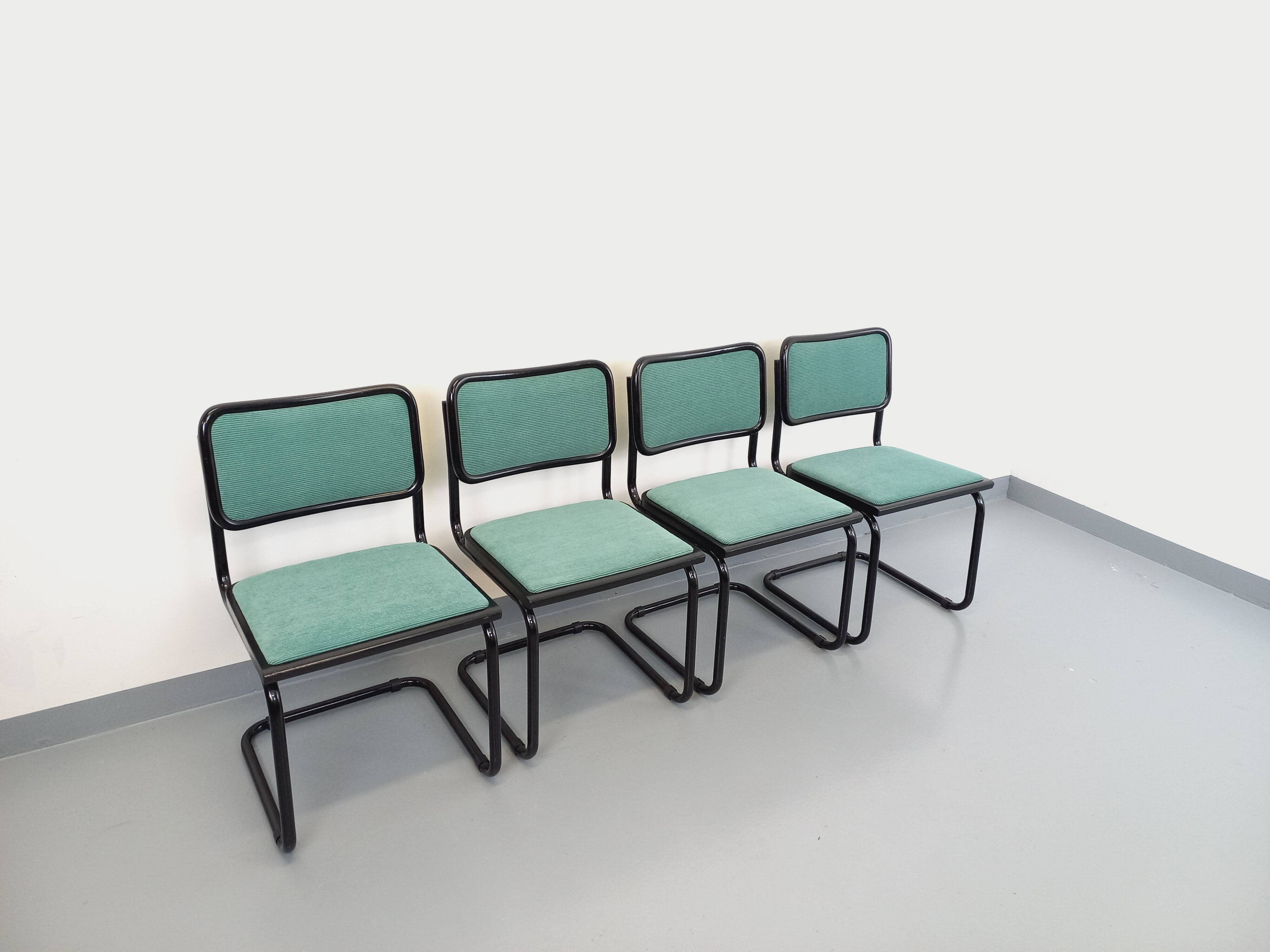 Set of 4 vintage Marcel Breuer Cesca B32 Bauhaus style chairs in black metal, black wood and v fabric