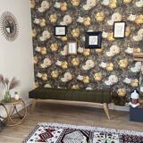 Wooden bench and green fabric
