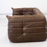 Vintage two-seater Togo sofa with arms in brown leather by Michel Ducaroy for Ligne Roset, 1970s