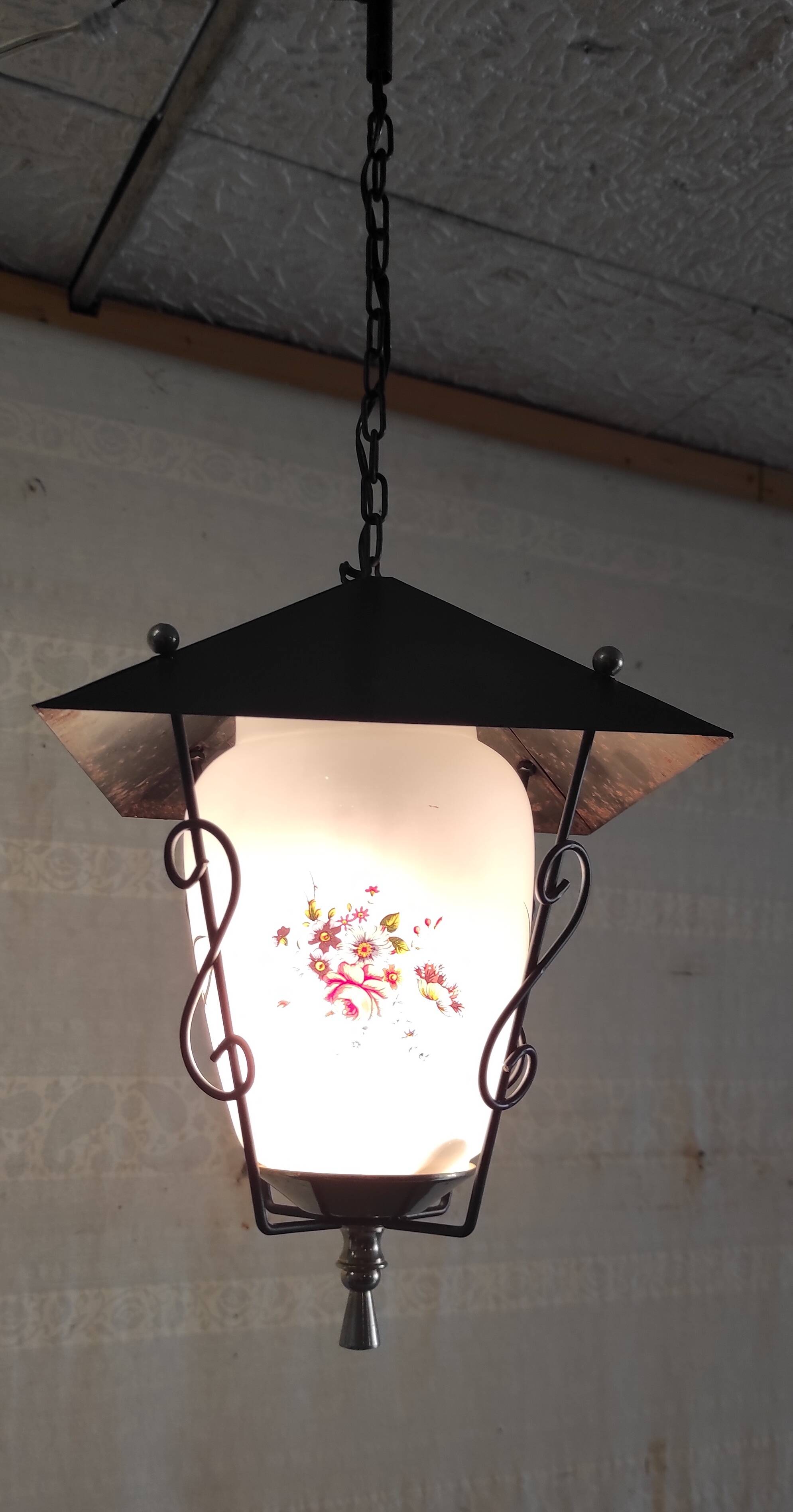 Lantern pendant light in metal, brass and glass - 50s/60s